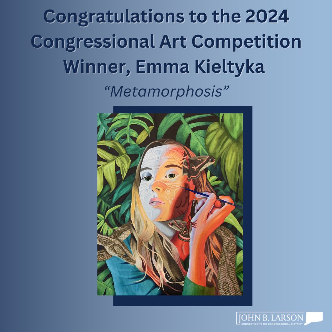 Congratulations to Emma Kieltyka of Southington High School for winning this year’s Congressional Art Competition for CT’s First District. Her self-portrait, “Metamorphosis,” will now hang in the U.S. Capitol for one year. Your talent & dedication to your art is inspiring!