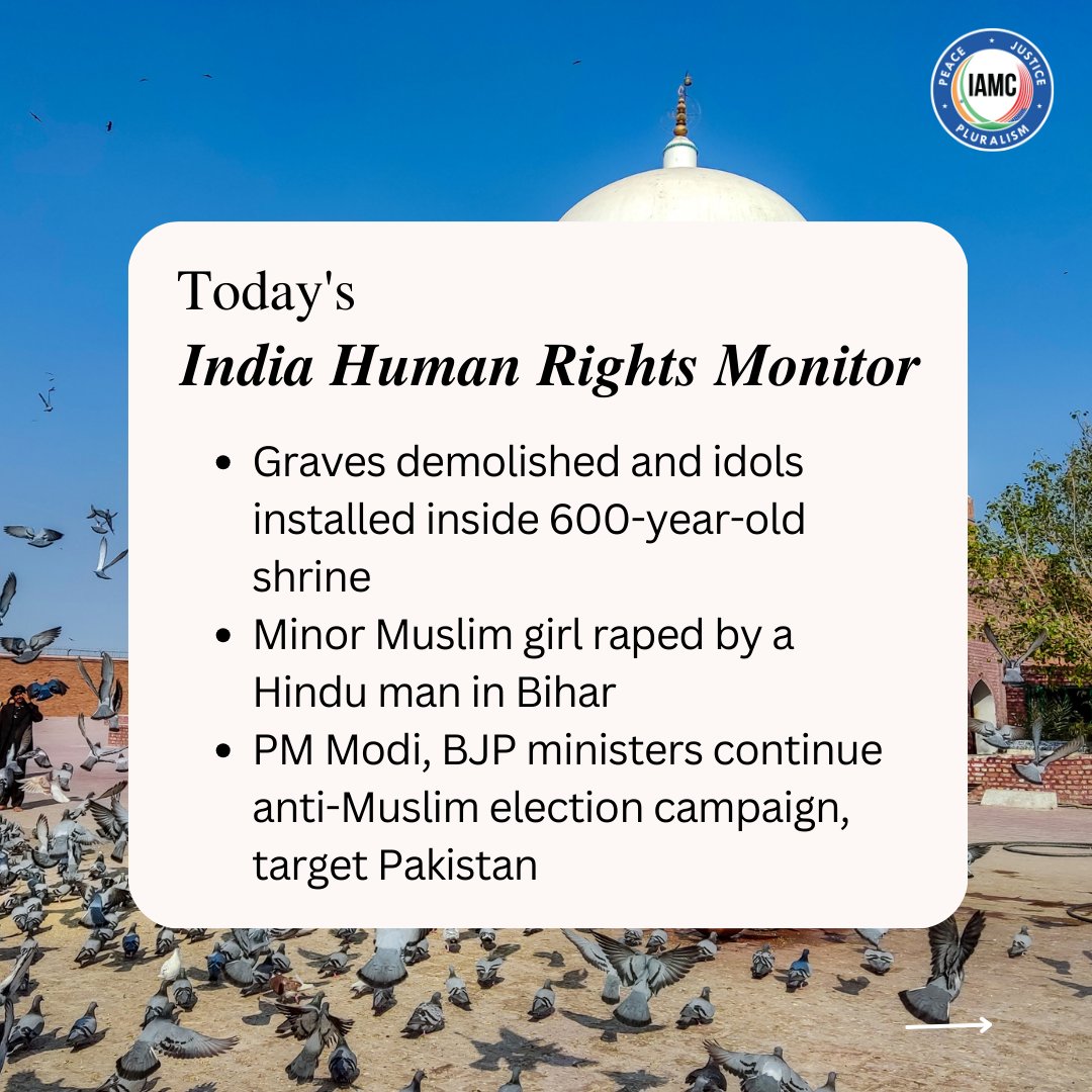 IAMC #indiahumanrightsmonitor

Read top 3 stories here: iamc.com/graves-demolis…

#IndiaElections2024 #Modi #muslim #hatecrime #lovejihad #HinduExtremist #HinduSupremacist #BajrangDal #RSS #VHP #BJP #hate #hindunation #JaiSriRam #hindutva #hatespeech #VoteJihad #Gujarat #Bihar