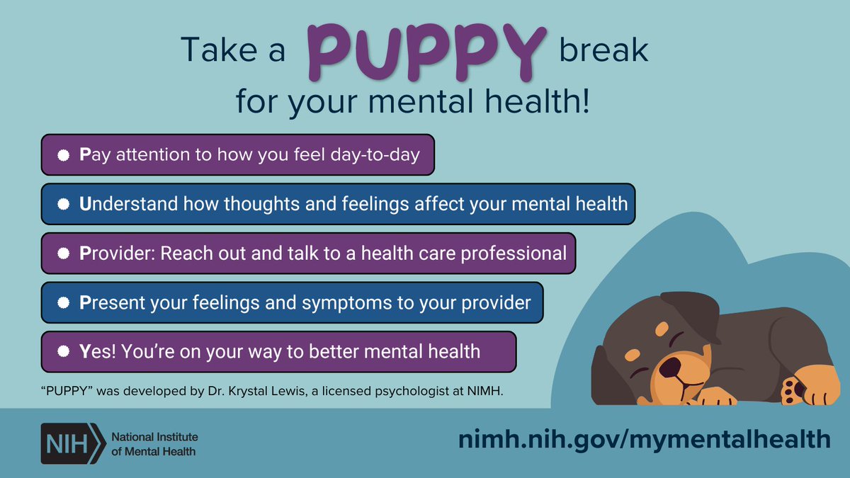 Earlier this week, NIMH expert Dr. Krystal Lewis spoke at @HHSGov's #PuppyCam event for #MentalHealthAwarenessMonth! To help you check in on your mental health, she created the mnemonic device, 'PUPPY.' Try it out! Learn more tips at: go.nih.gov/d0lQrH7