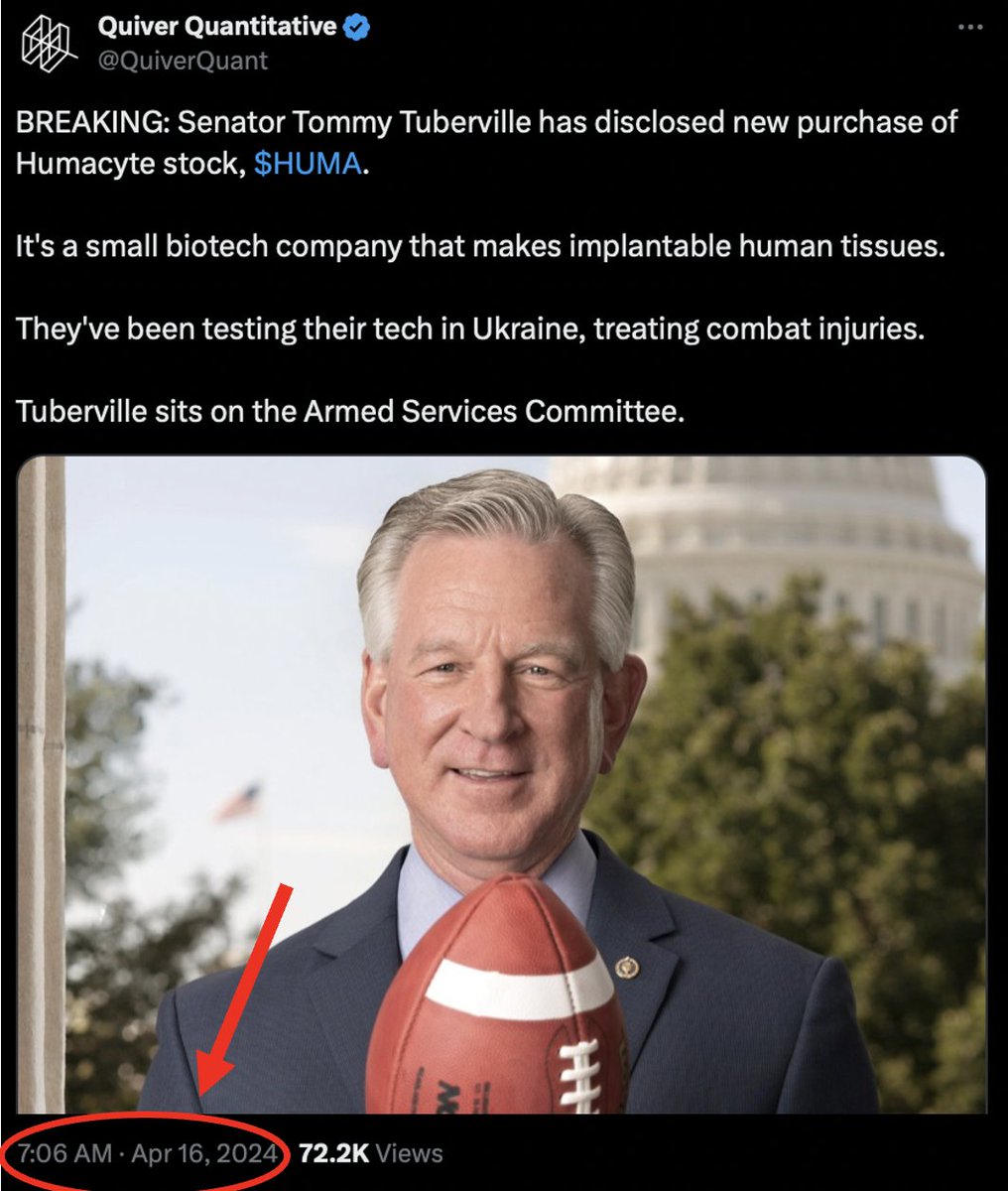 This keeps getting more ridiculous. Last month, I posted a report on a suspicious trade I noticed from Senator Tommy Tuberville. He bought stock in a company called Humacyte. The stock has now risen over 67% since then. Humacyte is a small biotech company that makes…