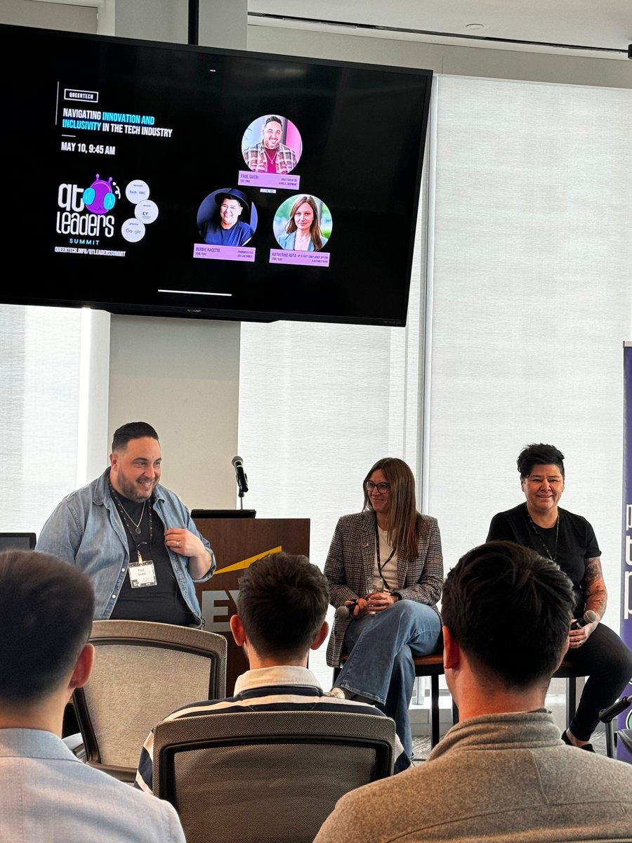 A powerful discussion on "Navigating Innovation and Inclusivity in the Tech Industry” is up next at #QTLS, with panelists @Bobbie_Racette of <a href="/virtual_gurus/">Virtual Gurus</a>, Katherine Ruta of <a href="/EQBank/">EQ Bank</a> and Paul Saiedi of <a href="/GoogleDeepMind/">Google DeepMind</a>! 🏳️‍🌈💡