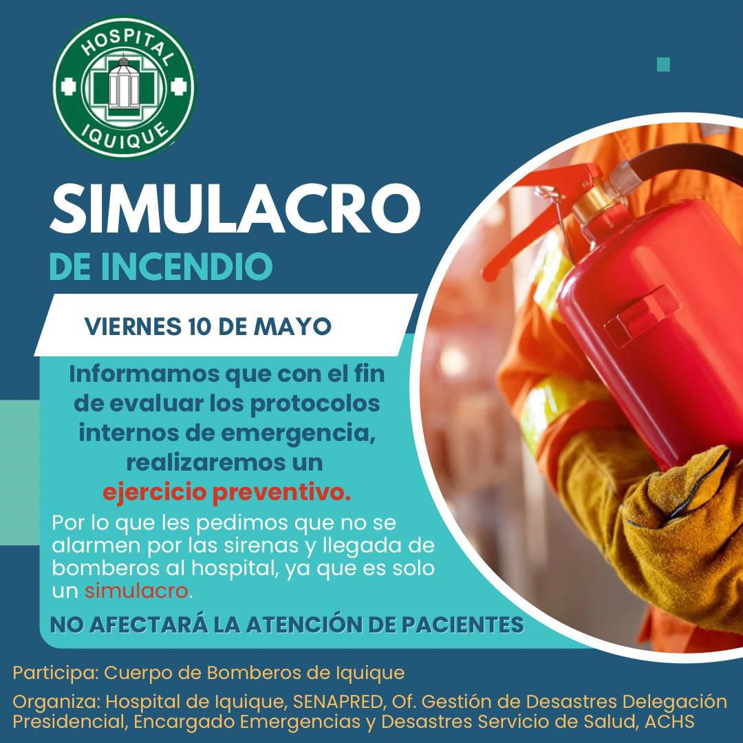 Está tarde junto a múltiples instituciones de respuesta a incidentes estaremos en el Simulacro de Incendio que desarrollará en el Hospital de #Iquique. Esta actividad no afectará las operaciones del hospital. Instituciones mejores preparadas! #BomberosIquique @Hospitaliquique