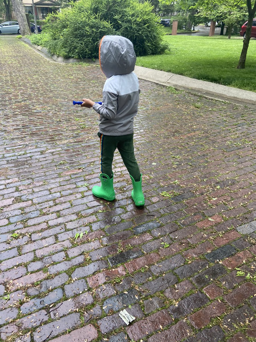 more Rust Belt death styles inspo: random bike chain in the mud behind our house; our child patrolling with a plastic recorder and moon boots; killer lilacs —