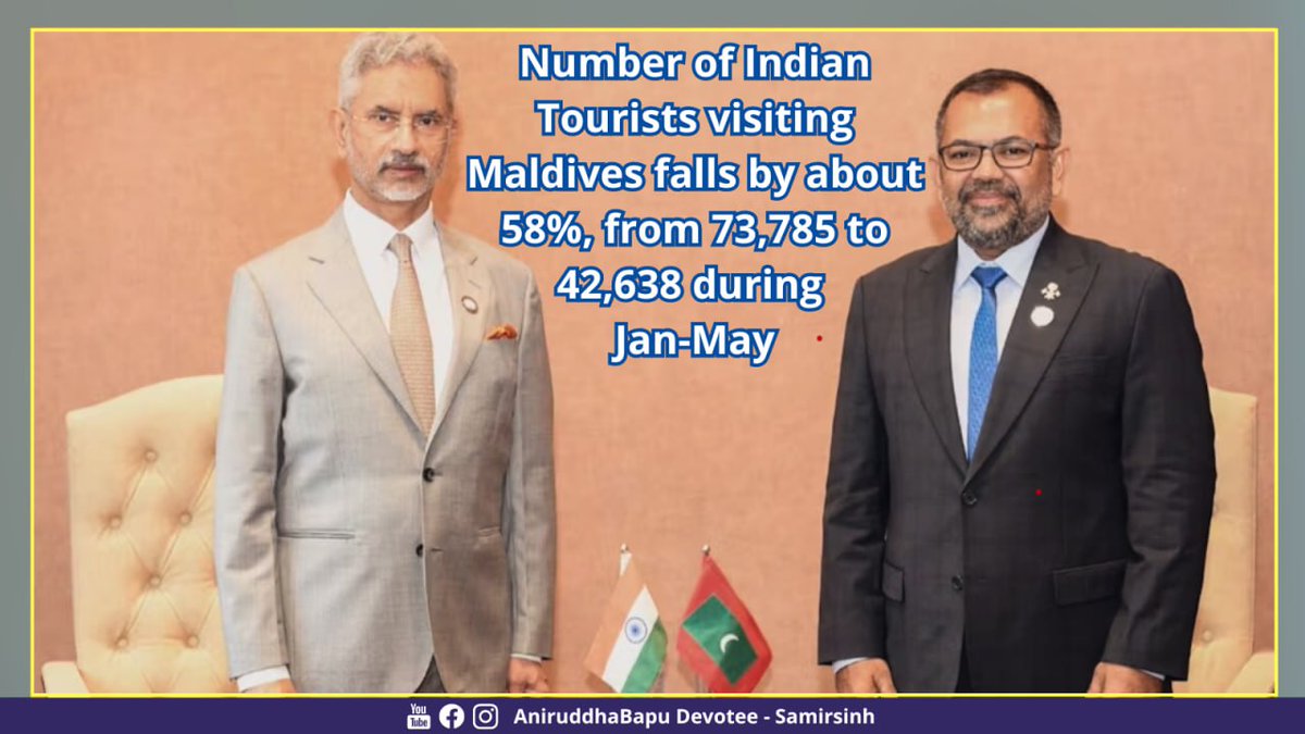 Number of #IndianTourists visiting Maldives falls by about 58%, from 73,785 to 42,638 during Jan-May period. Consequently, Maldives urges Indians, ‘please be part of our tourism. Our economy depends on tourism’. Fearing further fall, #Muizzu’s govt has sent its Foreign Minister