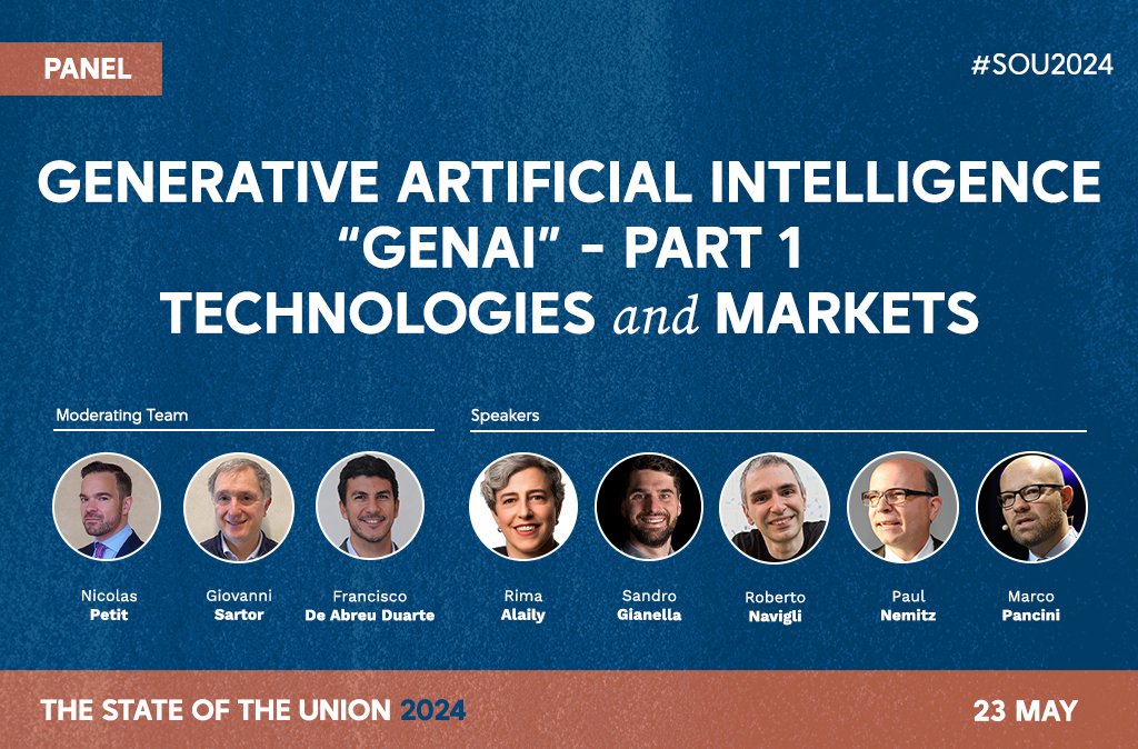 💻 What is the present state of #GenAI technologies & markets? #SOU2024 moderators @CompetitionProf, @GiovanniSartor3 and @FAbreuDuarte93 @EUI_LAW in discussion w/ 🎙️ @RimaAlaily @Microsoft 🎙️ @sGianella 🎙️ @RNavigli 🎙️ @PaulNemitz 🎙️ @marconav @Meta 👉 loom.ly/IbHpe7Y