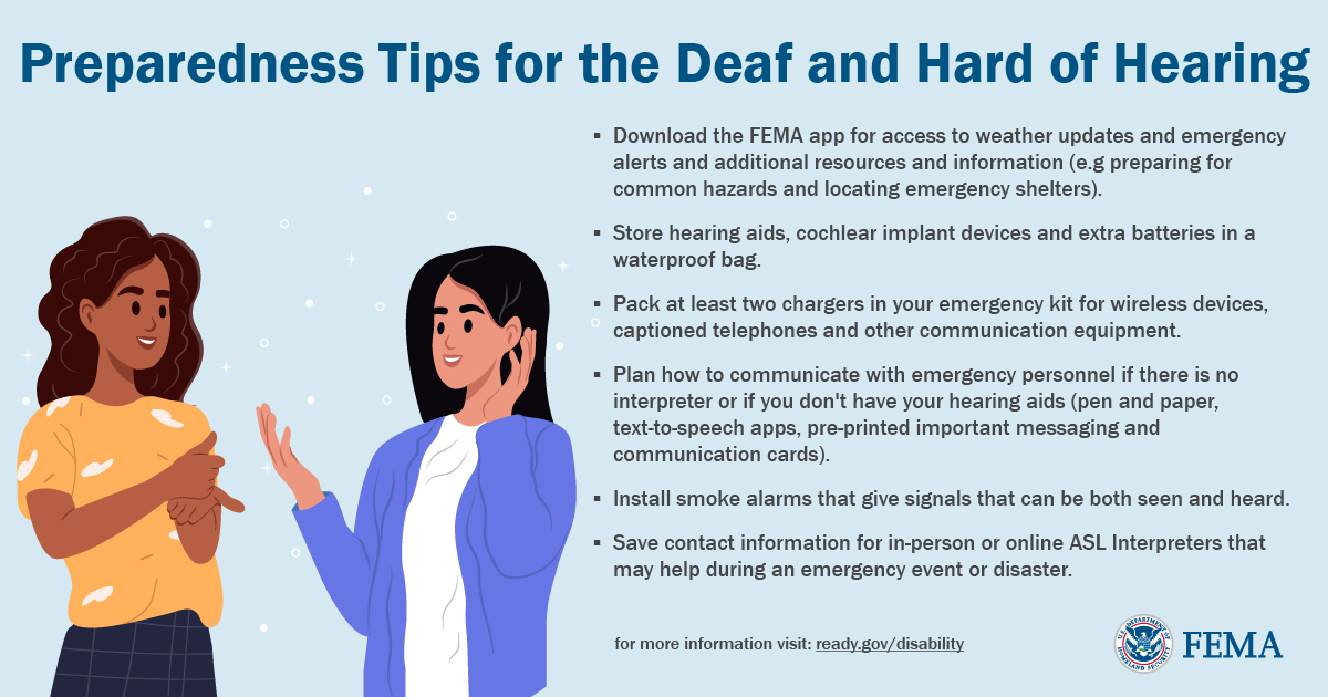 It's Natl. Deaf Awareness Week! Hurricane Season is around the corner & it is vital to customize the ways you prepare to meet your needs! 🚨Smoke alarms should be seen/heard 🖊️Plan communication (ex. pen & paper) 🦻Keep hearing aids/devices in WP bags 📌ready.gov/disability