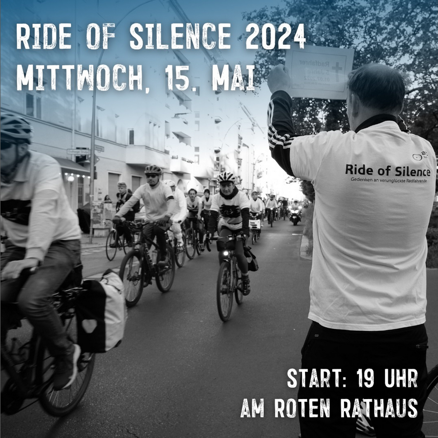 Zusammen zum Ride of Silence! Am Mittwoch, 15. Mai, erinnern wir gemeinsam an die im Straßenverkehr getöteten und verletzten Radfahrer:innen. 14 Geisterräder mussten wir 2023 aufstellen. Das sind 14 zu viel. Wir fahren schweigend und in weiß gekleidet. berlin.adfc.de/artikel/ride-o…