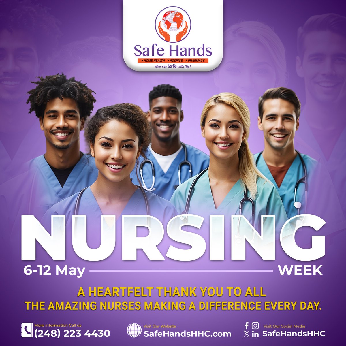 Join us in celebrating Nursing Week! 🎉 To all the dedicated nurses at Safe Hands and around the globe, your compassion and commitment make the world a healthier place. Thank you! 💜

#NursingWeek #SafeHandsHHC #ThankANurse #SafeHandsNurses #nurselife #NursingWeek2024 #SafeHands