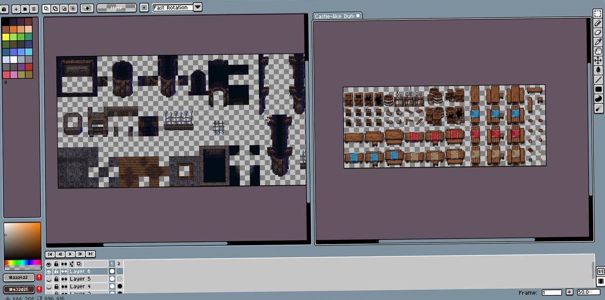 KyllayF's tweet photo. The tileset for castle locations is almost ready! Still unsure about the wood and floor coloring, and crafting barrels is still a pain for me. Just need to add an animated chest and a lamp.
#indiegame | #indiedev | #gamedev  | #pixelart https://t.co/yVuEEKLxgE