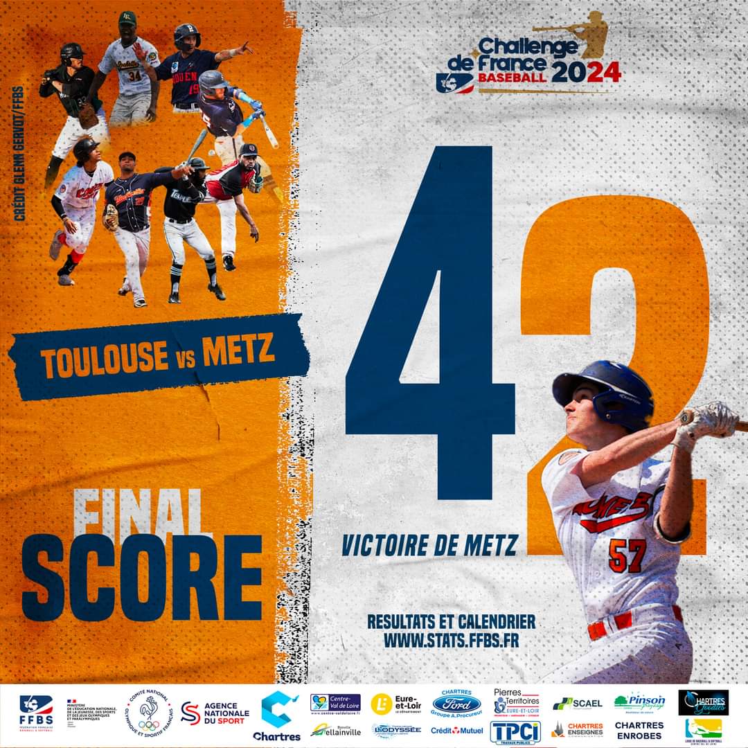FINAL SCORE - Challenge de France Baseball 2024 ⚾️ À Chartres, victoire des @CometzM face au @StadeToulousain : 4-2 ! ➡️ Plus d'informations sur stats.ffbs.fr #ChallengedeFrance #Baseball #France