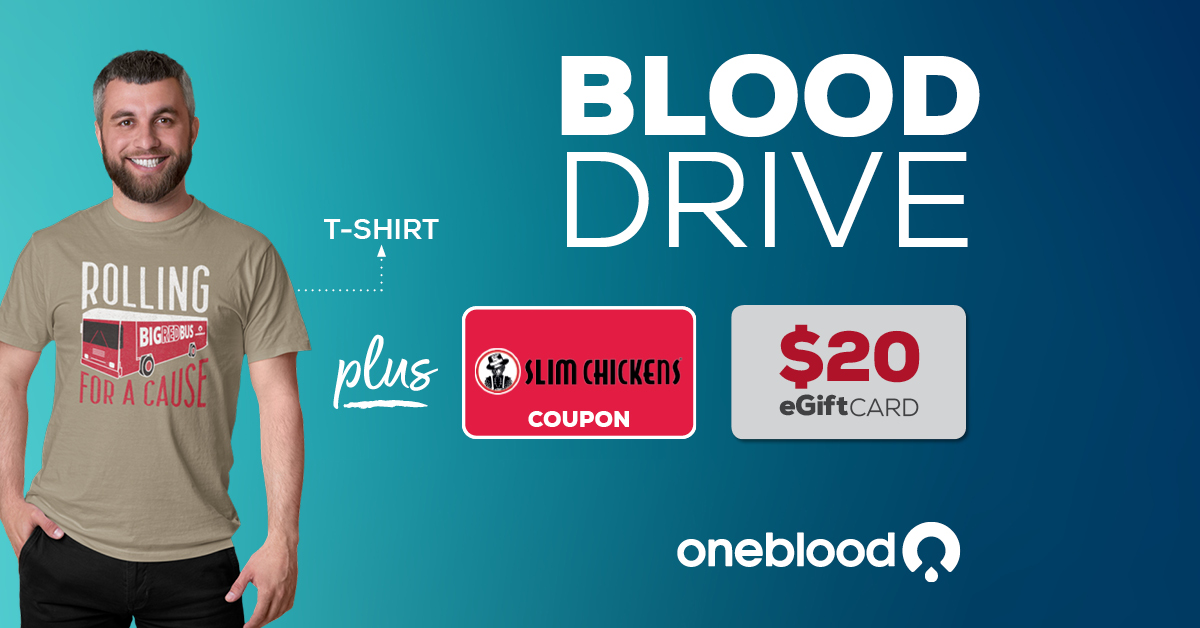 [𝗠𝗮𝘆 𝟭𝟯] Slim Chickens and OneBlood are teaming up to host their first blood drive together. All lifesaving donors will receive a 🍗 $5.99 Chick’s Meal or a Free Jar Dessert with purchase, OneBlood T-shirt, $20 eGift Card. Click for details! givelife.io/yi93