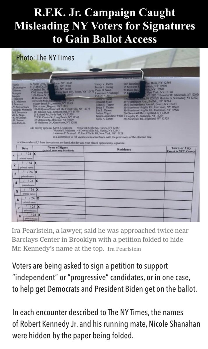 SHADY AF‼️ RFK Jr using a political party associated with nominating racists or conjuring up a brand new party to get around state’s ballot signature requirements is one thing — but using fraudulent tactics to get signatures, definitely crosses the line. ———— NY City residents…