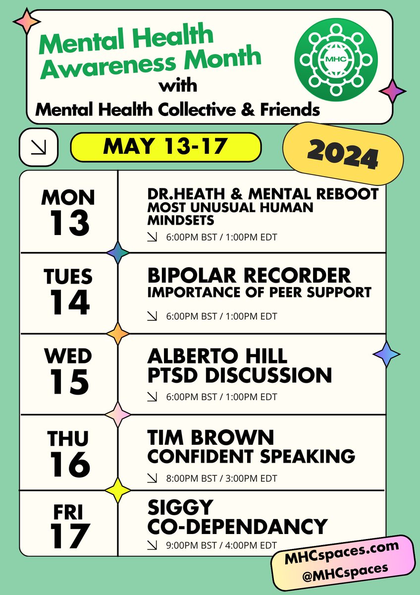 Extremely excited to reveal our plans for the rest of this years #MentalHealthAwarenessMonth.

Join us for insightful discussions with amazing guest speakers on Mental Health topics.

Check our weekly flyer for details and to set reminders! 

Let's learn & grow together! 💚