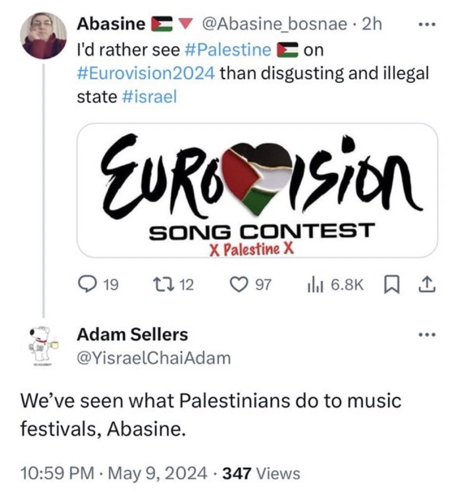Boom...
Propalestino: Preferiría ver la bandera palestina en Eurovisión en lugar de la del repugnante e ilegal estado de Israel.

Judío: Ya hemos visto lo que los palestinos hacen el los festivales de música.