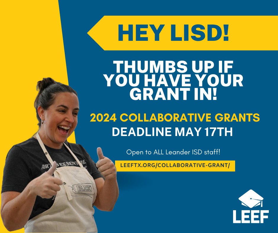 Hey @LeanderISD! Thumbs up if you have your Collaborative Grant in 👍You still have ONE week to get your application in - you can do it! Collaborative Grants are open to all #1LISD staff and fund up to $5,000. 💙Read more and to apply: leeftx.org/collaborative-… #NoPlaceLikeLISD