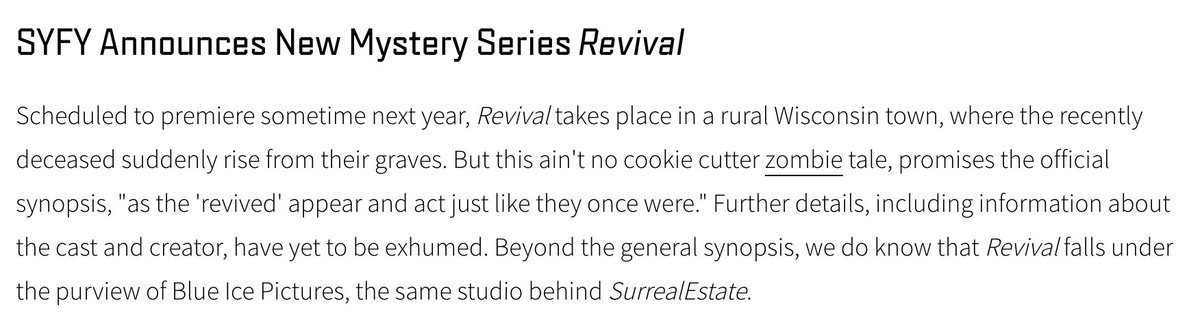Hey, I wrote a TV show!

Based on Tim Seeley and Mike Norton's bestselling comic, SyFy is bringing REVIVAL to TV--and I co-wrote the pilot with Luke Boyce and Aaron Koontz!

I'm officially a TV writer. Not bad!

Catch season 1 of REVIVAL next year!

syfy.com/syfy-wire/syfy…