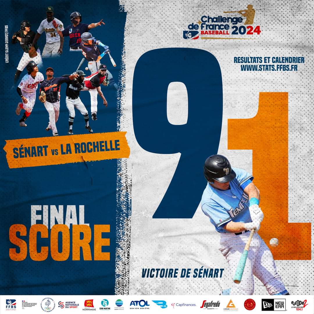 FINAL SCORE - Challenge de France Baseball 2024 ⚾️ À Rouen, victoire des @TempliersSenart face aux Boucaniers de La Rochelle : 9-1 ! ➡️ Plus d'informations sur stats.ffbs.fr #ChallengedeFrance #Baseball #France