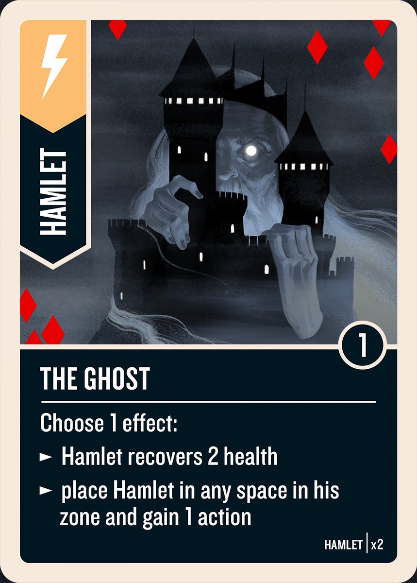 sleepcaptain's tweet image. THE GHOST 👻 from @RestorationGame ‘s Shakespeare set, shipping this week. This is from Hamlet’s deck! (Keep in mind my card design templates are old - they’ve been spiced up since 🌶️)