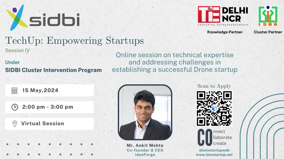 📢 Calling all aspiring entrepreneurs! TechUp: Empowering Startups is back with a fireside chat featuring Mr. Ankit Mehta, CEO of ideaForge! Struggling with startup challenges? Get your questions answered LIVE by a successful founder.