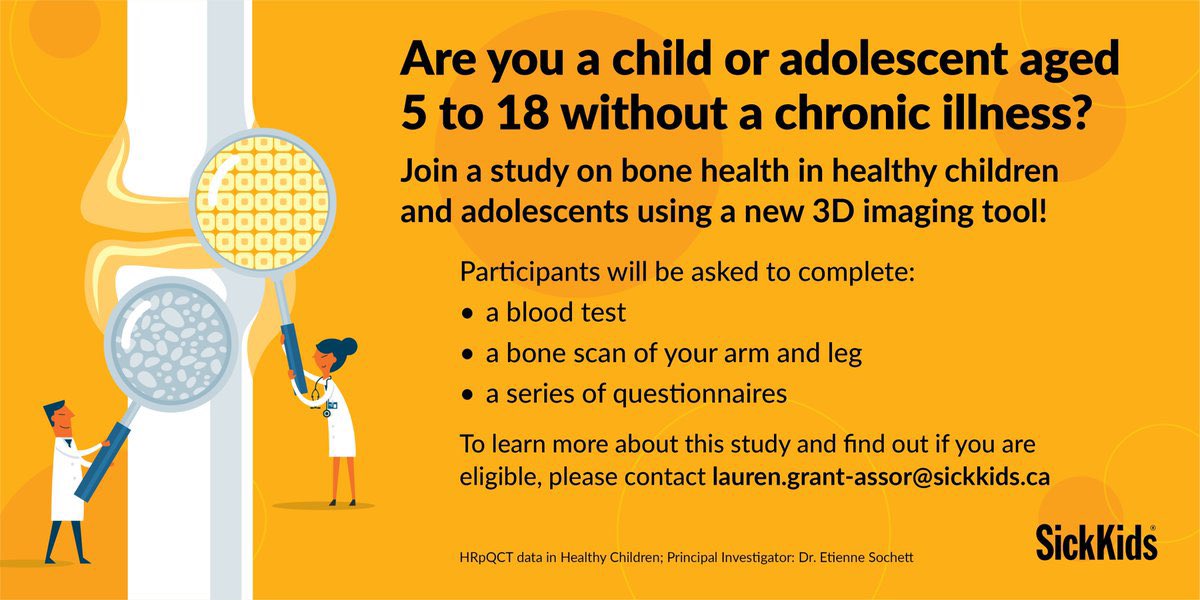 Are you or your child 5 - 18 years old without history of chronic illness?  New #SKResearch is looking for participants for a study examining bone structure and strength using a new 3D diagnostic tool called HRpQCT. 🩻 To learn more contact lauren.grant-assor@sickkids.ca