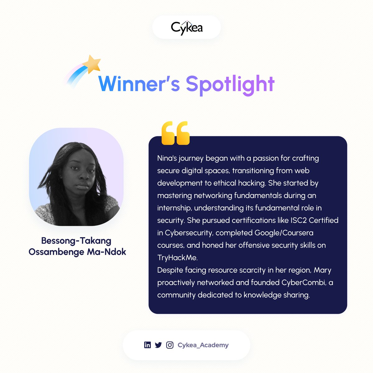cykea_academy's tweet image. Celebrate the remarkable journeys and future ambitions of these inspiring individuals.🎉✨

Whether pursuing careers in cybersecurity or dedicating themselves to community service, these winners have showcased unwavering dedication in chasing their dreams.

Join us as we honor…