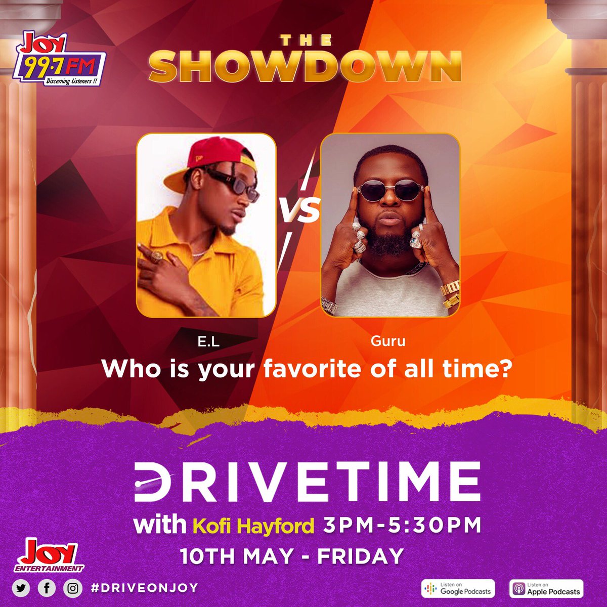 Hits for hits, who are you picking? @ELgh_ or @gurunkz. Let’s settle this on Drive Time with @kofihayford233 this afternoon! #DriveOnJoy