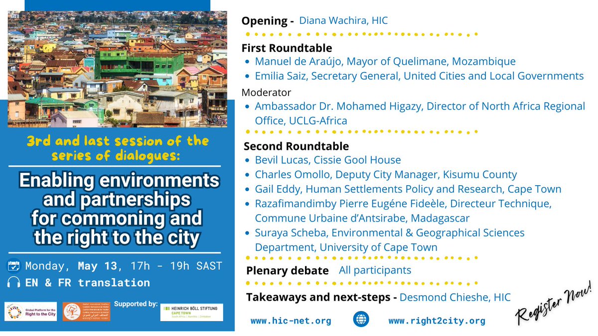 🗓️Next Monday let's discuss about 🟡🟠Fostering #commoning and Right to the City: Enabling environments and partnerships in Africa🟡🟠 🗨️💬 Get ready to be inspired by our amazing speakers 📆Mon 13th May 2024 ⏰timeanddate.com/worldclock/fix… Registration us06web.zoom.us/meeting/regist…