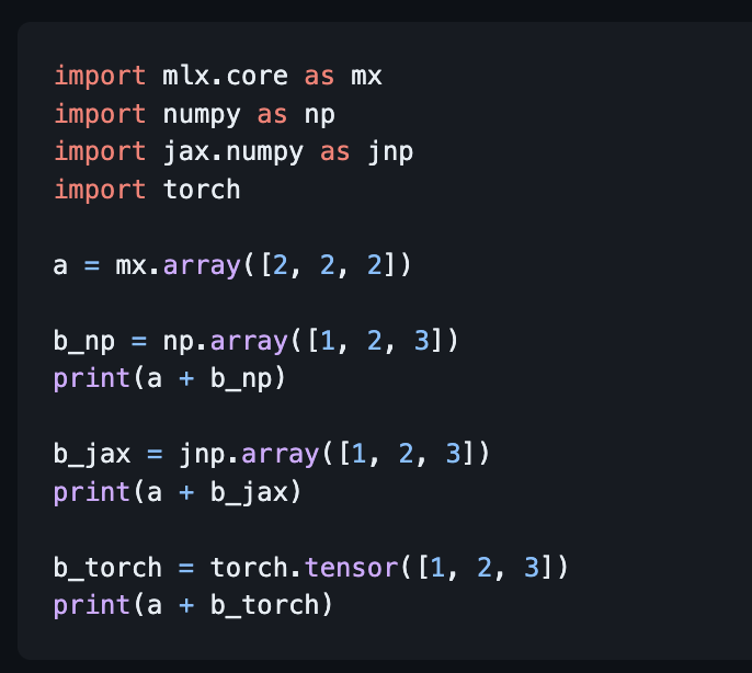 Cool feature of the latest MLX: Most MLX ops can take input arrays from your (second 😉) favorite ML framework. All thanks to the multi-framework array support in @wenzeljakob's Nanobind.
