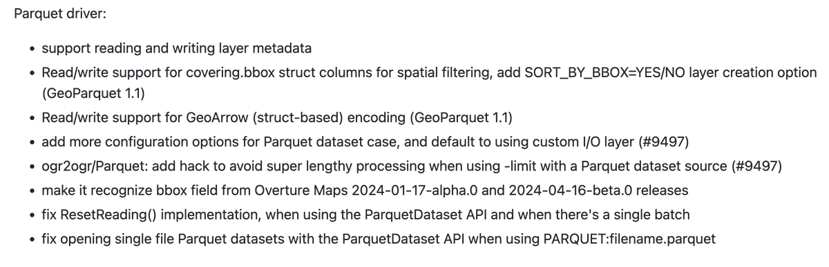 Kyle Barron kylebarron.dev on bsky (@kylebarron2) on Twitter photo GDAL 3.9 was released today with a bunch of updates for <a href="/GeoParquet/">GeoParquet</a>, including support for spatial filtering in the upcoming GeoParquet 1.1 version! Credit to @EvenRouault and other GDAL contributors 🙇♂️!
github.com/OSGeo/gdal/blo… GDAL 3.9 was released today with a bunch of updates for <a href="/GeoParquet/">GeoParquet</a>, including support for spatial filtering in the upcoming GeoParquet 1.1 version! Credit to @EvenRouault and other GDAL contributors 🙇♂️!
github.com/OSGeo/gdal/blo…