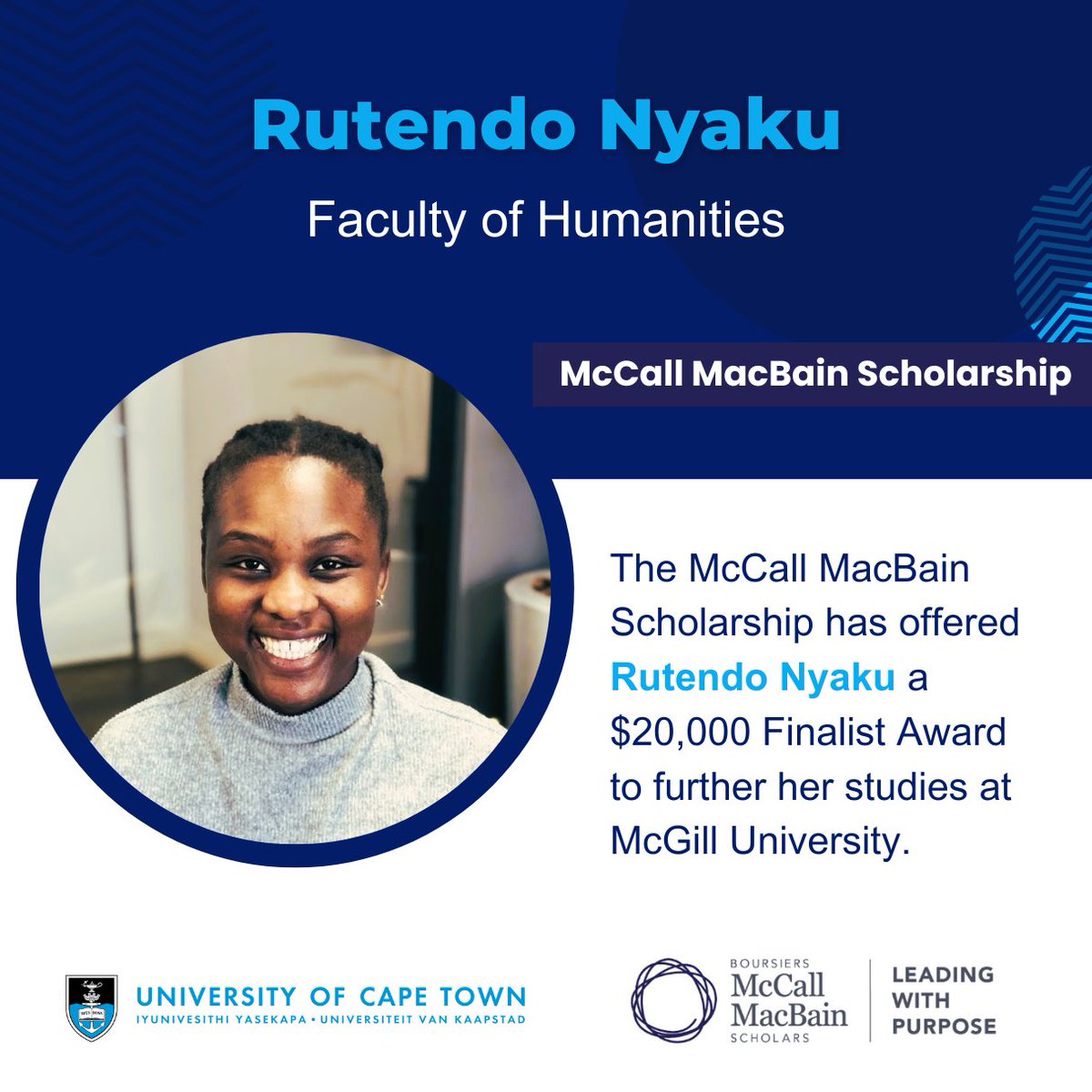 CORRECTION: Congratulations to @UCT_news' Rutendo Nyaku - among the top 37 finalists offered a McCall MacBain Finalist Award designed to encourage purposeful leadership. She's the first South African university recipient: bit.ly/4cjJHaK.