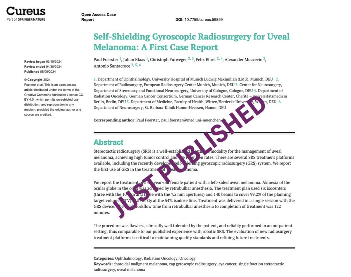 The first use of ZAP-X gyroscopic radiosurgery for uveal melanoma. Read the full case report at zapsurgical.com/clinical-publi…
 
#roboticsurgery #radiosurgery #neurosurgery #braintumors #stereotacticradiosurgery #radiationtherapy #ZAPX #cancertreatment #cancercare #medicalphysics