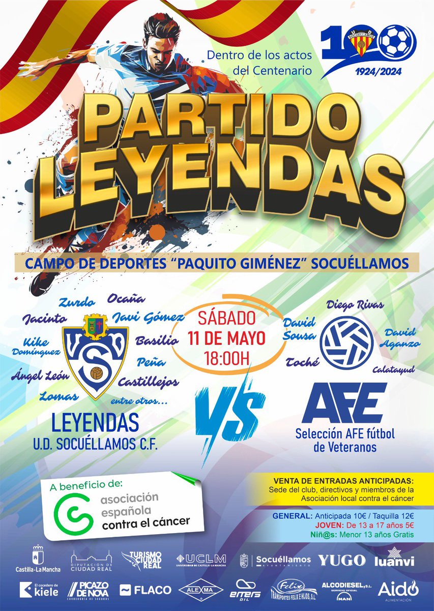 📢⚽️ La Selección #AFEFútbol Veteranos disputará un partido benéfico ante las Leyendas de la @YugoUDS. 👉🏻 Se disputará este sábado 11 de mayo a las 18:00h en el Paquito Giménez de Socuéllamos. 👉🏻 La recaudación se destinará a @ContraCancerEs. 🔗 afefutbol.com/Veteranos-AFE-…