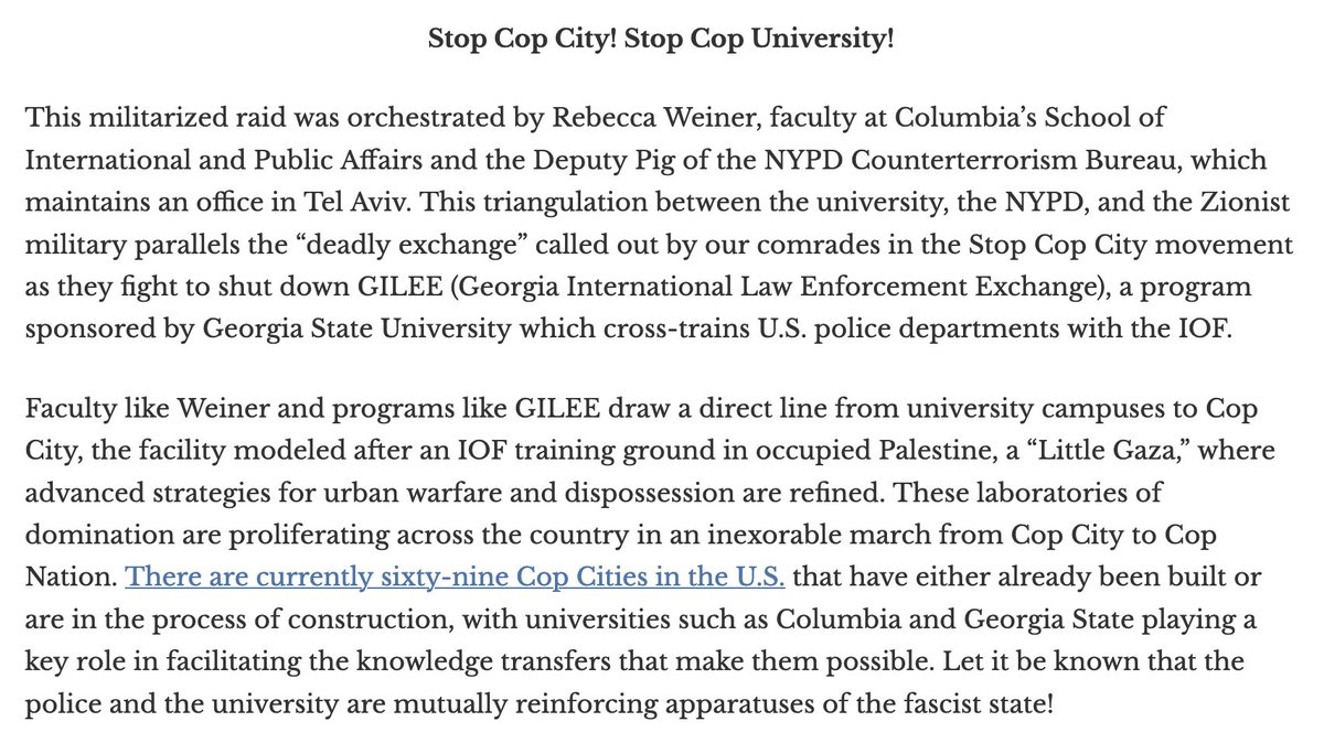 As Atlanta authorities are attempting to drive a wedge between stop Cop City protesters and Gaza solidarity protesters, Columbia University protesters in NYC make the connecting between the movements explicit. Read their entire statement here: thenewinquiry.com/from-harlem-to…