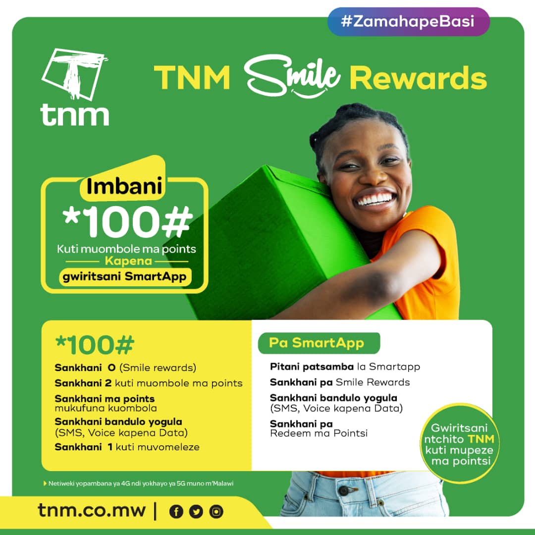 Ombolani ma points anu a smile posankha bandulo yomwe mukufuna. Imbani *100#, sankhani 0, sankhani 2, sankhani bandulo yonwe mukufuna kugula kapena gwiritsani ntchito TNM Smart App.

#TNM
#Alwayswithyou
#Thebest4Gnetwork
#ZamahapeBasi