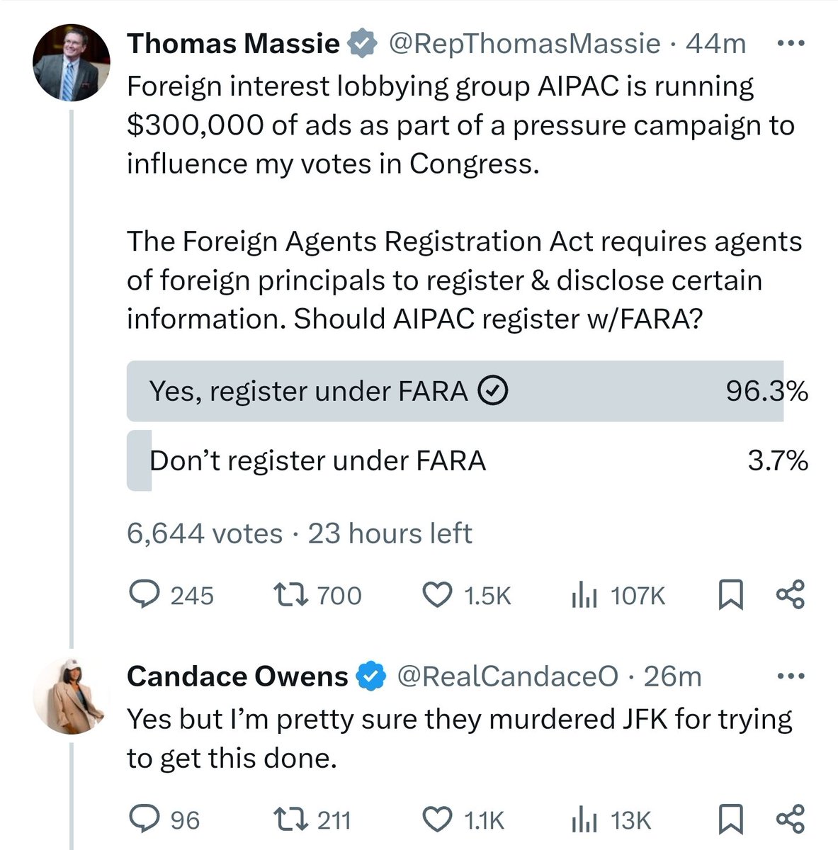 AIPAC, a foreign lobbying group, is now threatening to remove Representative Thomas Massie because he wants them to register as foreign agents. John F. Kennedy attempted to do this and he was killed. Candace Owens chimes in, stating, 'I'm pretty sure they murdered JFK for…