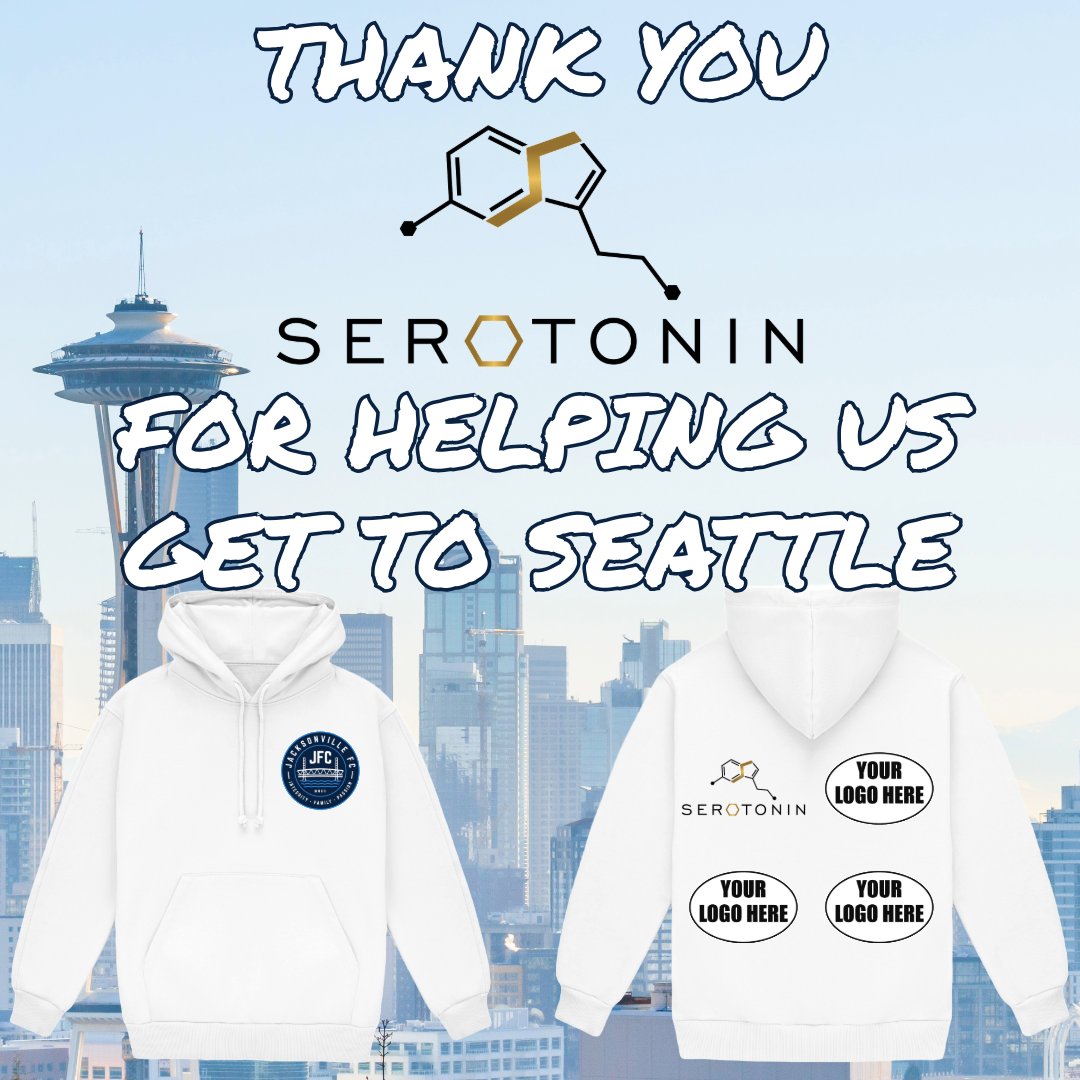 Thank you Serotonin Centers (serotonincenters.com) for helping us get to Seattle! Serotonin will be opening locations in Ponte Vedra, Nocatee, Ortega, Atlantic Beach, and more! Want your logo on our sweatshirts? DM us! #onegoal #ecnl #jacksonvillesoccer #jacksonville