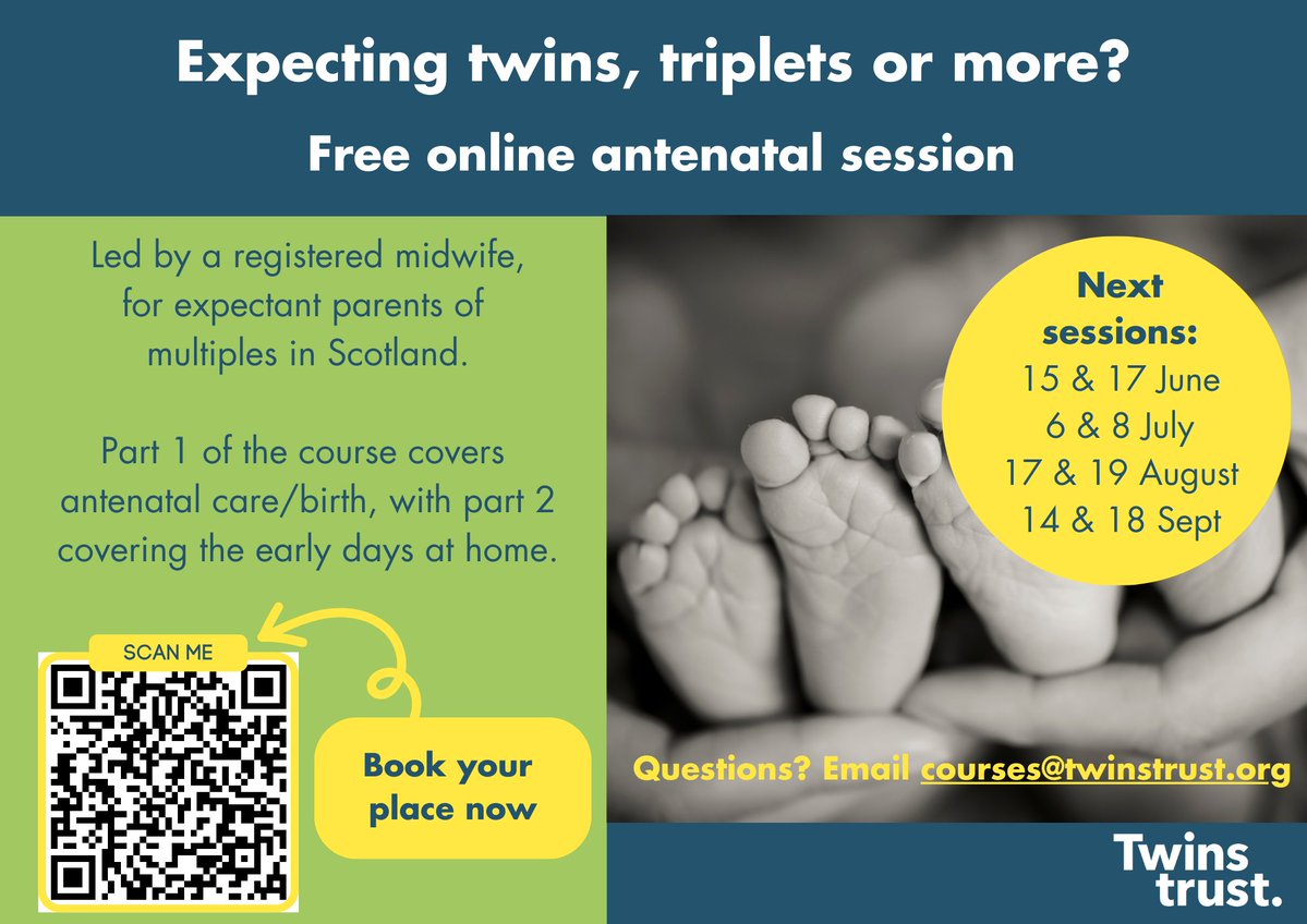 Twins trust Scotland is offering free antenatal courses for those who are expecting twins, triplets or more. For more information follow the link or scan the QR code tinyurl.com/5f7zxx6k