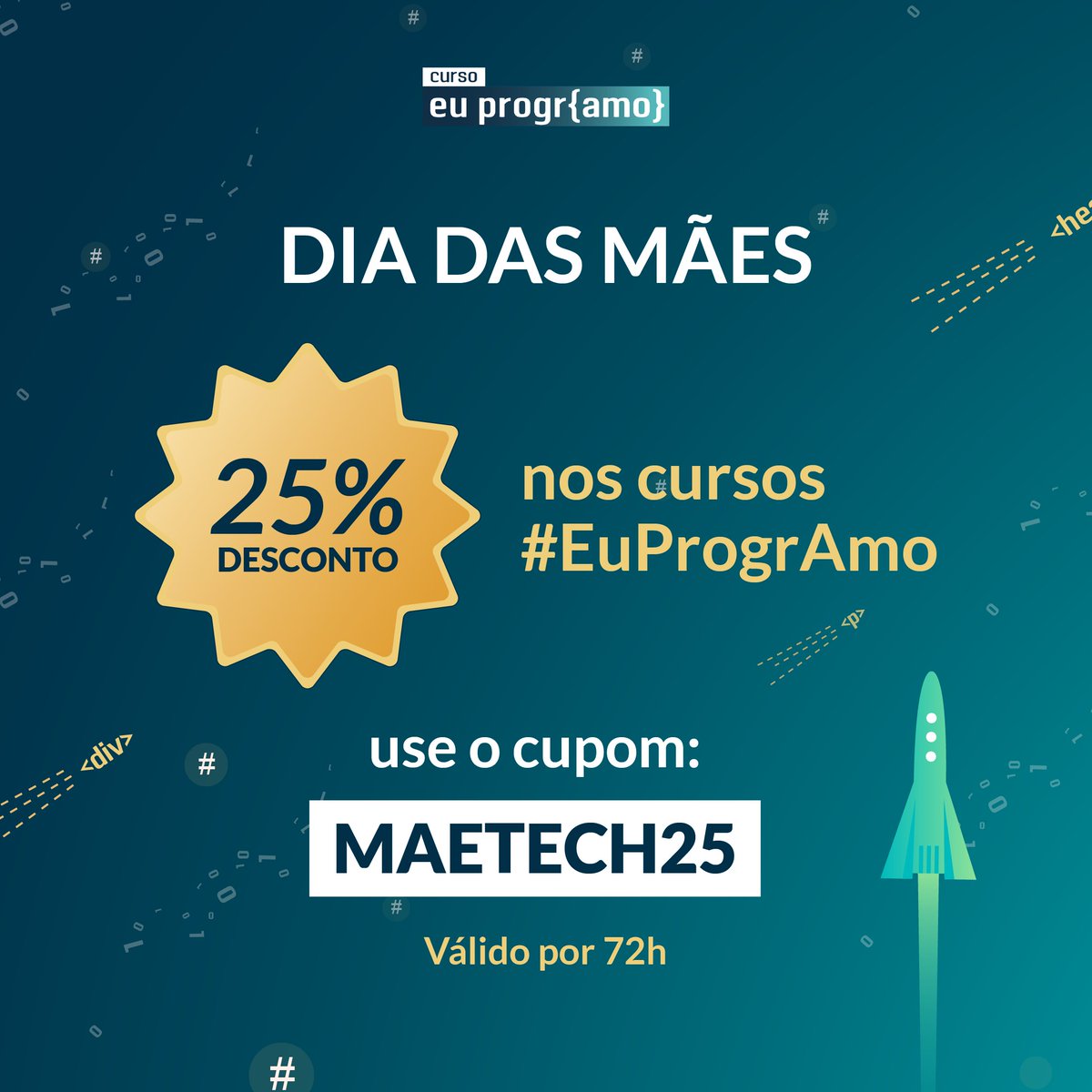 programaria's tweet image. 📢Alô, você que é mãe ou conhece uma mãe que tem vontade de aprender programação, os cursos #EuProgrAmo estão com 25% de desconto! 🚀

💡Use o cupom MAETECH25 e aproveite!

🚨Condição especial válida por 72h!

🔗Link na bio!