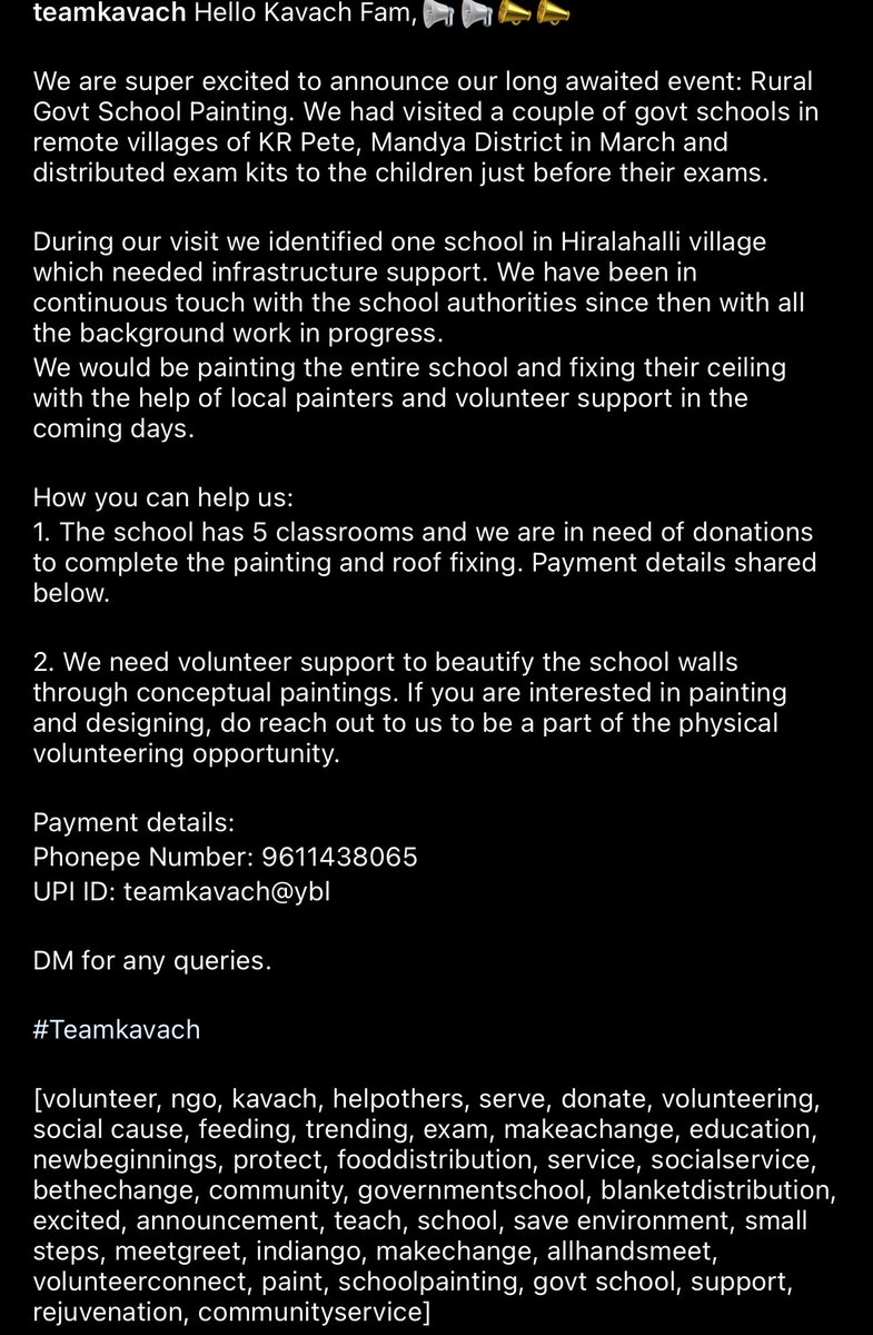 TeamKavach's tweet photo. Hello Kavach Fam,📢📢📣📣

How you can help us: The school has 5 classrooms and we are in need of donations to complete the painting and roof fixing.

Payment details shared below. 
UPI ID: teamkavach@ybl 

DM for any queries.

#Teamkavach #SocialCause #NGO #Help #Bengaluru #Love https://t.co/1dLlg21W9v