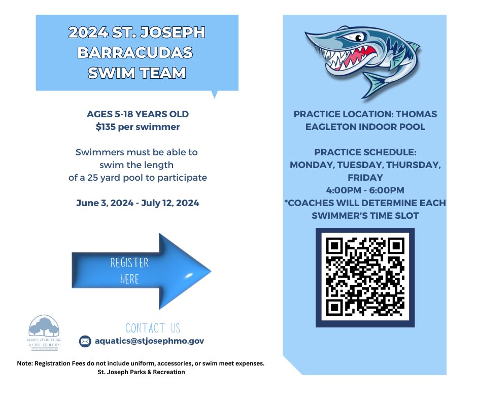 Did you know St. Joseph had a swim team? Join the Barracuda swim team this summer! Have fun swimming and make friends!
Scan the QR code to register or go to this link:secure.rec1.com/MO/saint-josep…