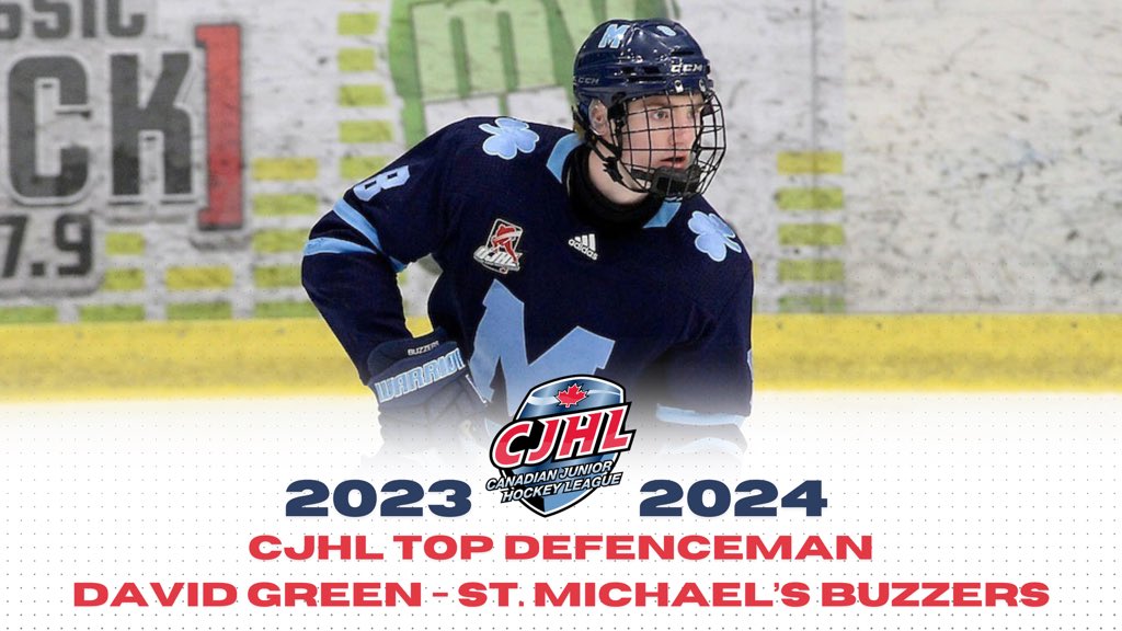 Congratulations to <a href="/stmbuzzers/">St Michael's Buzzers</a> David Green of the <a href="/OJHLOfficial/">OJHL</a> who has been named 2023-24 CJHL Top Defenceman 🏆

#CJHLHockey | 📸 <a href="/byrnemuir/">Shawn Muir</a>/<a href="/ojhlimages/">OJHL Images DOP</a> 

Read ➡️ cjhlhockey.com/en/st-michaels…