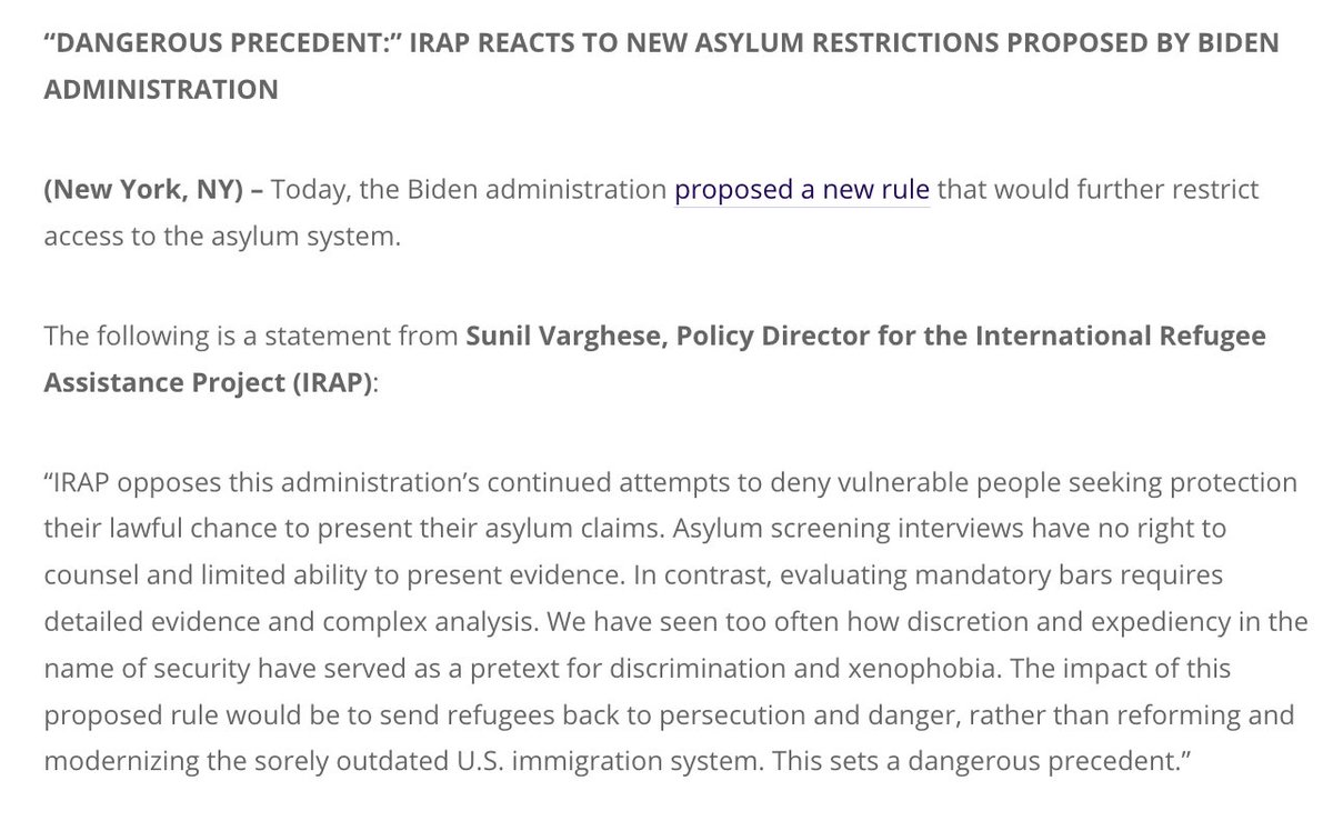 “Dangerous Precedent:” IRAP Reacts to New Asylum Restrictions Proposed by Biden Administration Full statement ⬇️ refugeerights.org/news-resources…