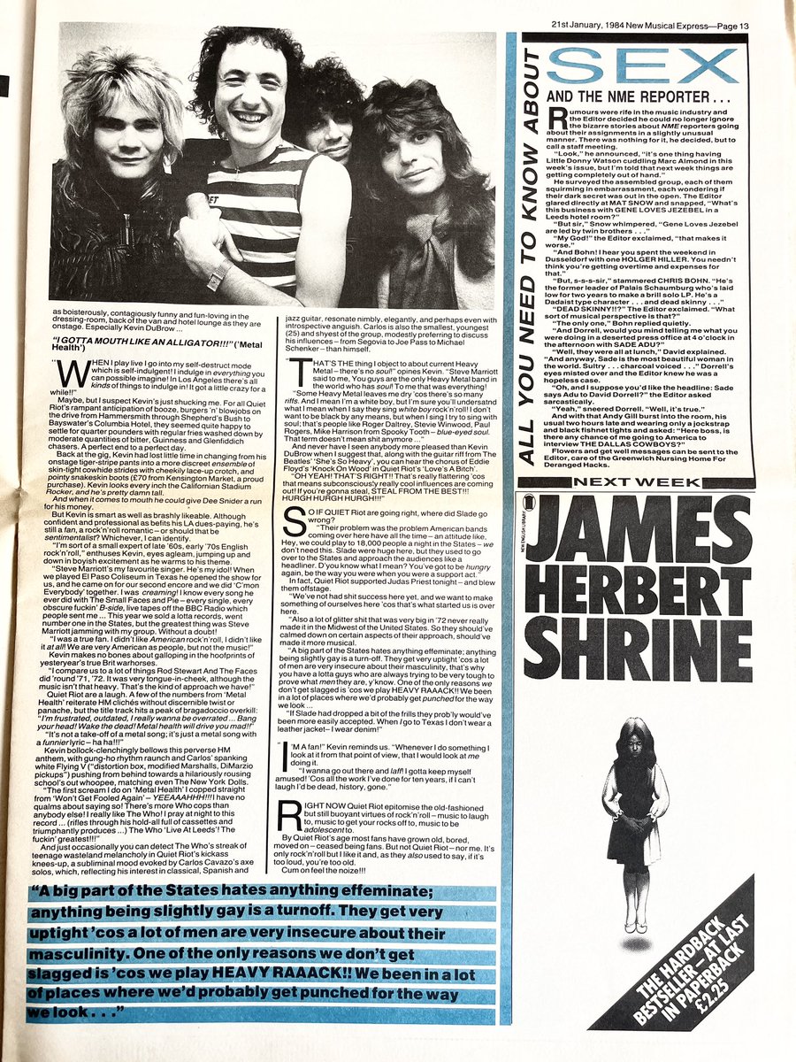 Quiet Riot, interviewed by Mat Snow.
Pics by Derek Ridgers.
New Musical Express, 21 January 1984.