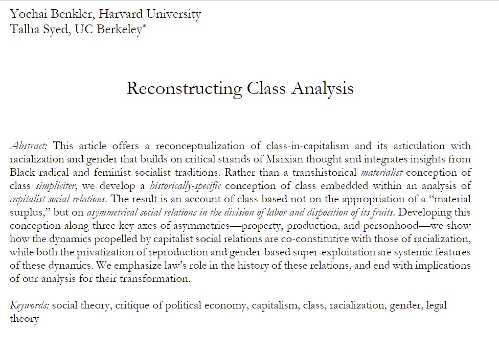 Yochai Benkler (@ybenkler) on Twitter photo New from Talha Syed and from me in <a href="/TheJLPE/">Journal of Law and Political Economy</a>:
Reconstructing Class Analysis. Read here: escholarship.org/uc/item/3nw277…. New from Talha Syed and from me in <a href="/TheJLPE/">Journal of Law and Political Economy</a>:
Reconstructing Class Analysis. Read here: escholarship.org/uc/item/3nw277….