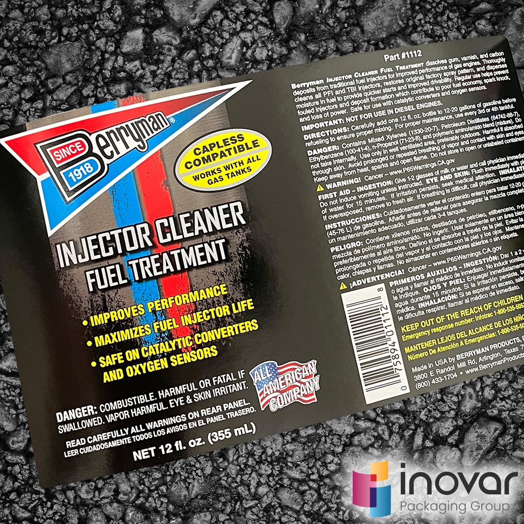 We love how the red and blue colors of this label pop with the rich black background!

#inovarinspirations #inovarpackaginggroup #labels #berryman #injector #car #cleaner #fuel #treatmant  #labeldesign
