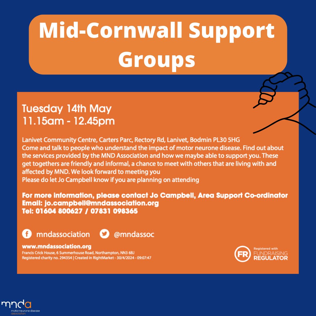 MNDAPeninsula's tweet photo. NEW SUPPORT GROUP π€
There is a new support group coming to Cornwall! It will be taking place in Bodmin on Tuesday 14th May at 11:15am!
All information you need is in the photo!
#supportgroup #cornwall #mnd #mndsupport https://t.co/czZ0SwY9SR