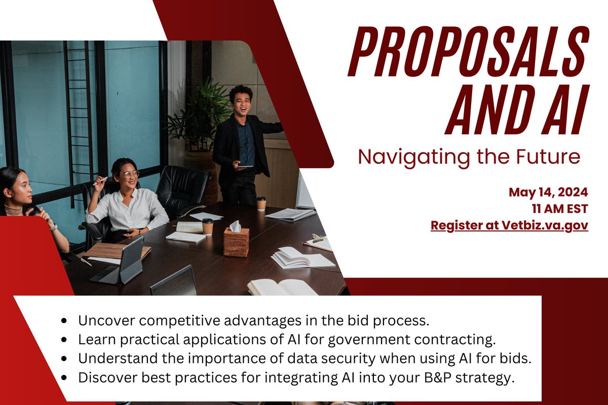 VAVetBiz's tweet image. VA OSDBU presents: Proposals and AI small business training on May 14.
bddy.me/3QFx5Bx