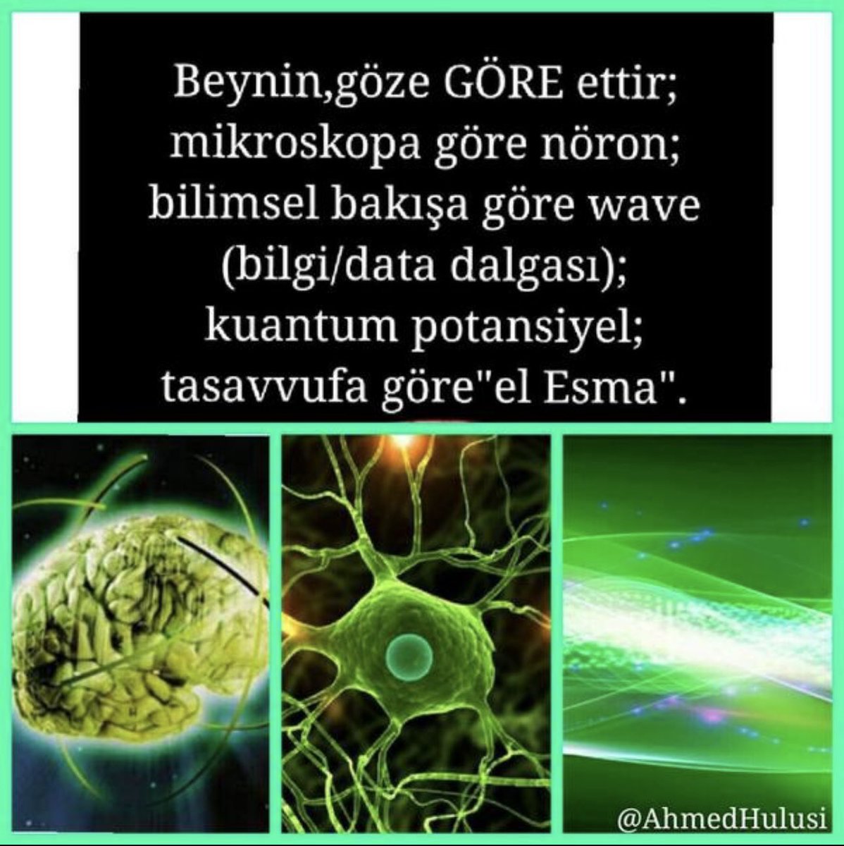 2010’da @AhmedHulusi anlatmış: Beynin, göze GÖRE, ettir; Mikroskopa göre nöron; Bilimsel bakışa göre wave (bilgi/data dalgası); Kuantum potansiyel; Tasavvufa göre 'el Esma'.