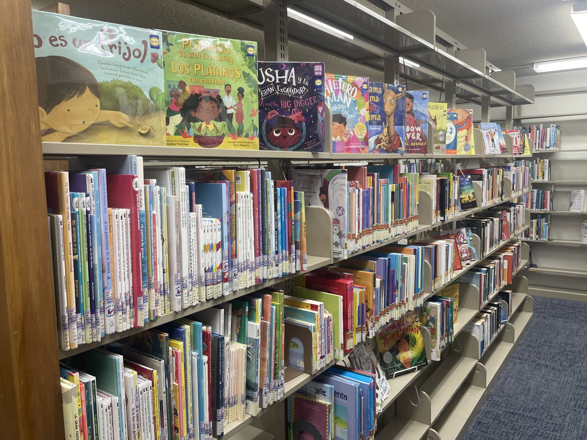Check out the Spanish section. 😀📚 Lots of new arrivals for all ages. Just look on the spine of the book to help you find what type of book you are looking for. This section is located on the side end of the library. #spanishbooks #EducateEngageEnrich