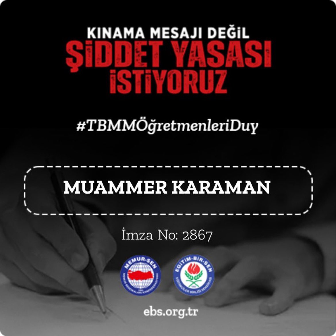 İmza kampanyamız devam ediyor. Sizde imza.ebs.org.tr adresinden kampanyamıza katılabilir, adınıza oluşturulan görseli sosyal medyada #TBMMÖğretmenleriDuy etiketiyle paylaşarak yasa talebimize destek olabilirsiniz.